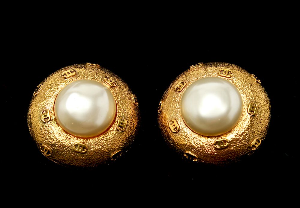 Appraisal: Chanel Gold-Tone Faux Mabe Pearl Earrings Designer costume jewelry Chanel