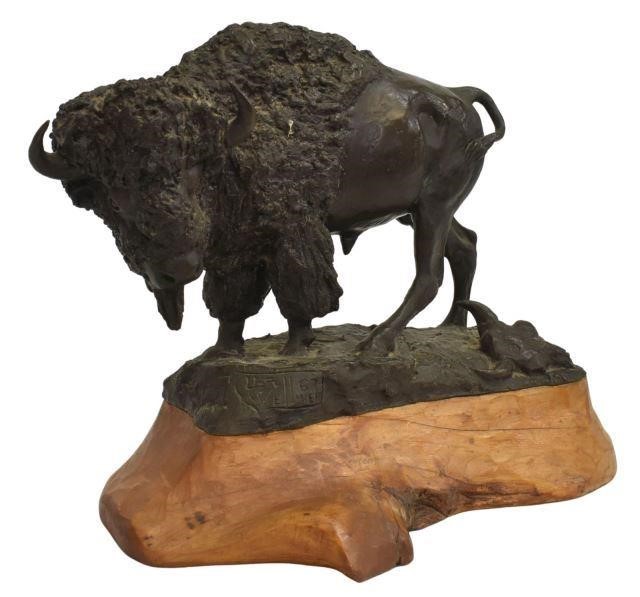 Appraisal: Patinated bronze western sculpture American Bison signed Les Welliver Leslie