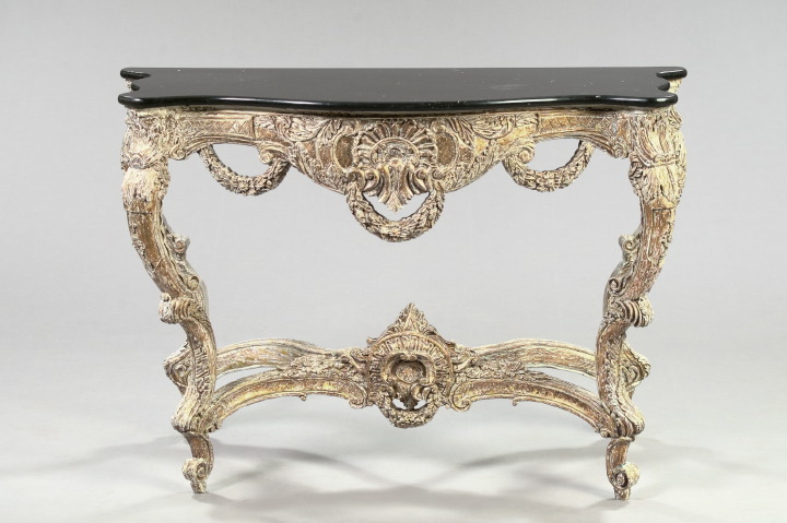 Appraisal: Louis XV-Inspired Polychromed Wood and Marble-Top Console Table the serpentine