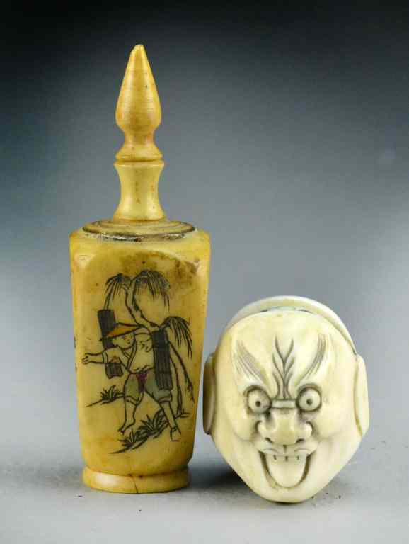 Appraisal: Japanese Ivory Bone Netsuke Snuff BottleTo include a signed ivory