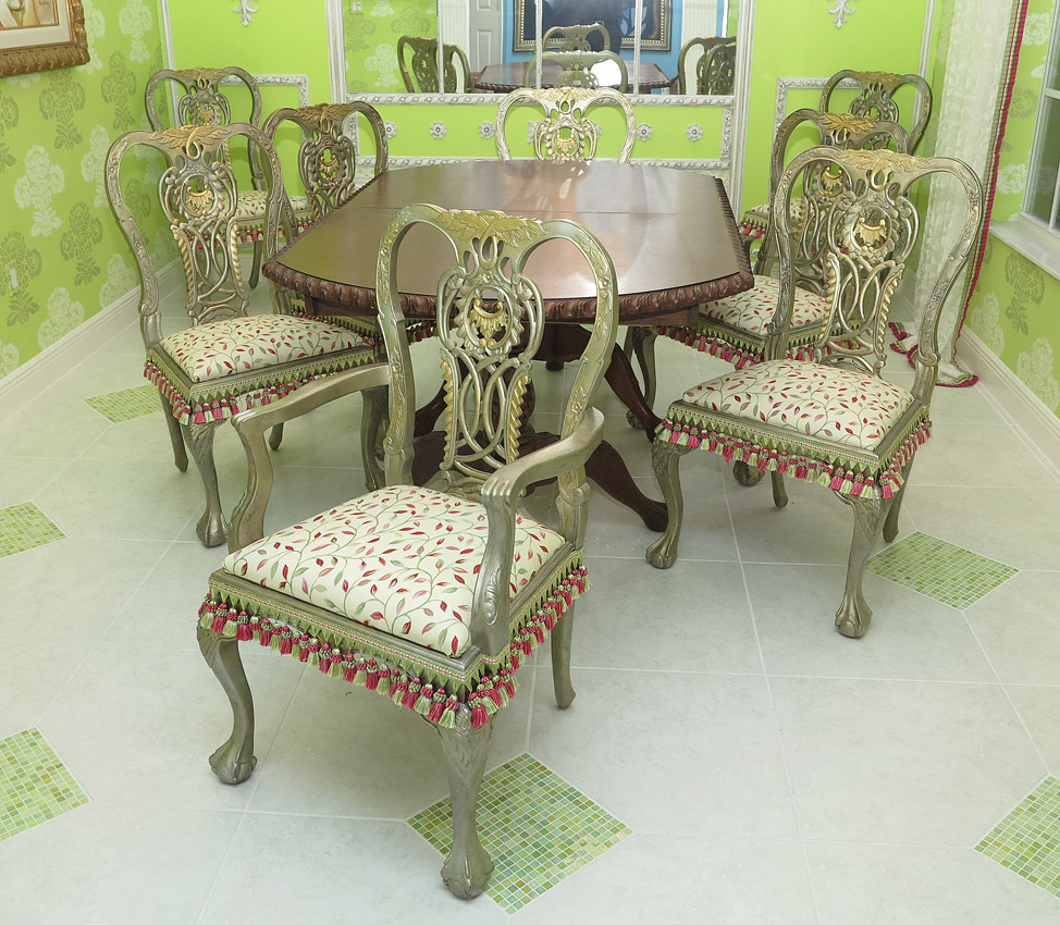 Appraisal: CHIPPENDALE STYLE CARVED DINING CHAIRS Custom silvered finish Fringed upholstered