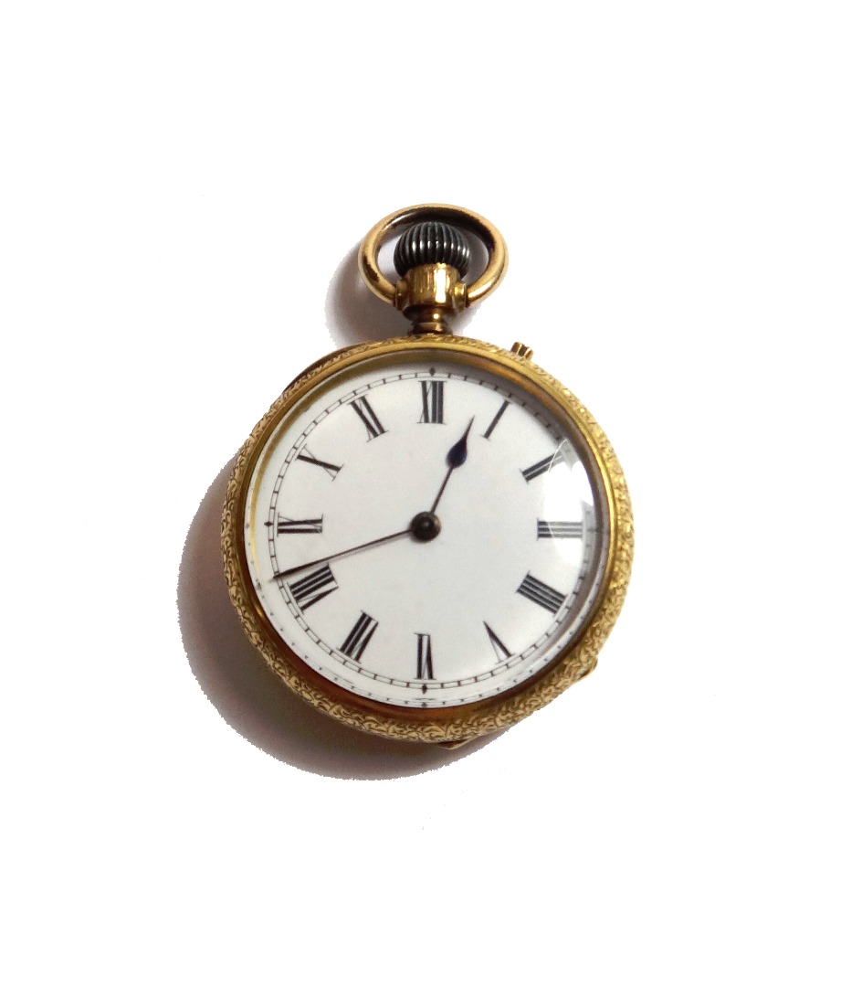 Appraisal: A lady's gold cased keyless wind openfaced fob watch with