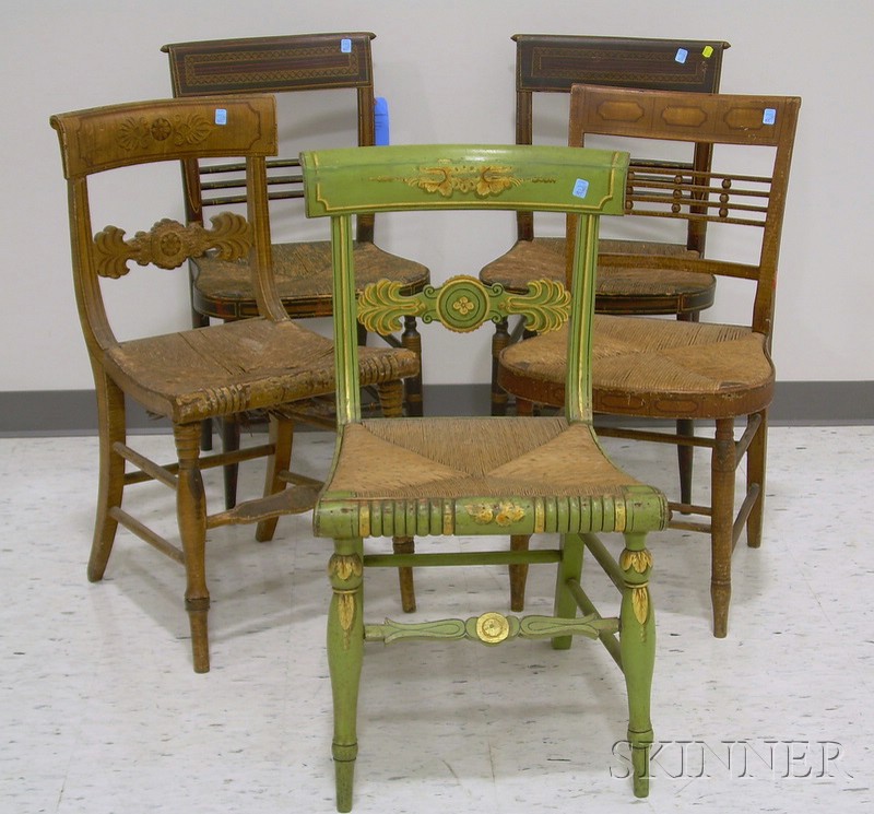 Appraisal: Five th Century Fancy Paint Decorated Side Chairs with Woven