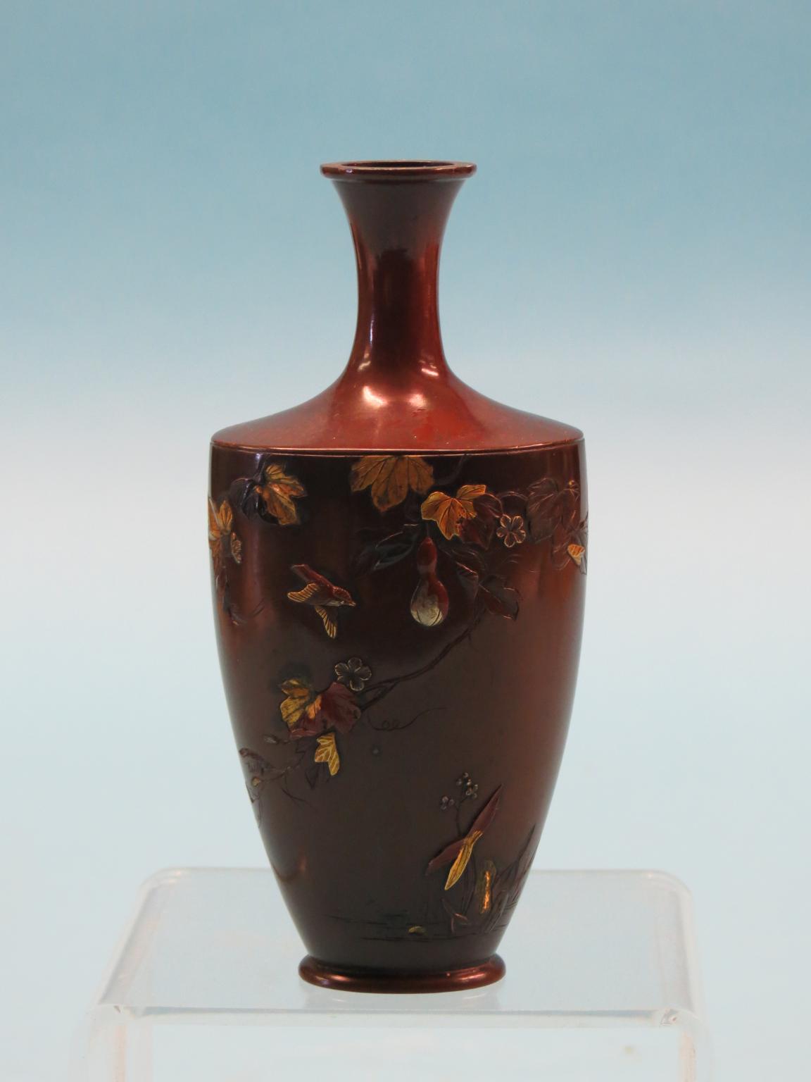 Appraisal: A small Japanese bronze posy vase body engraved and inlaid