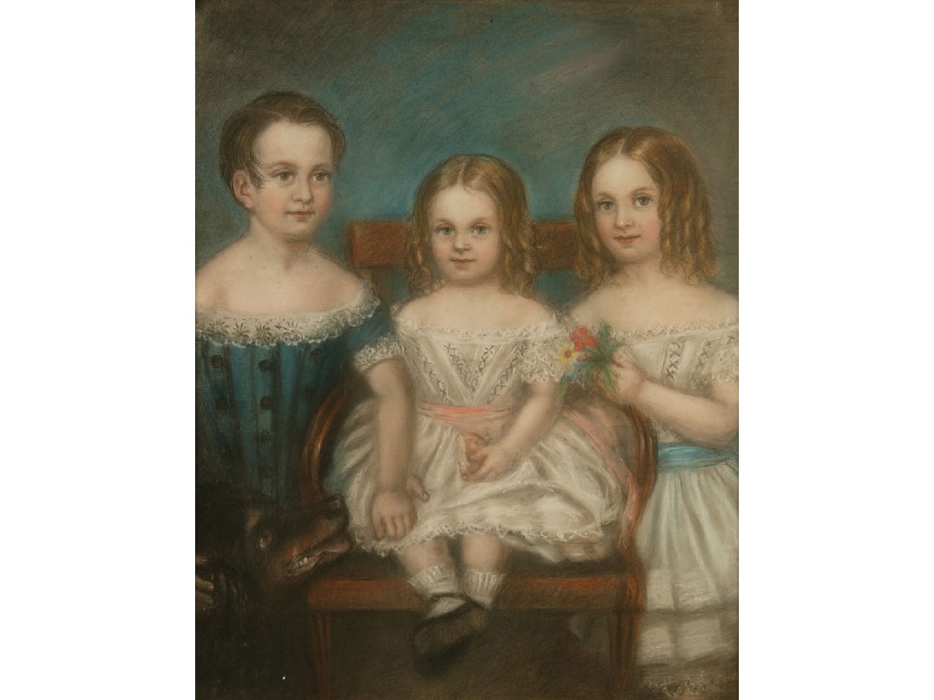 Appraisal: ENGLISH SCHOOL circa Three young children with a pet dog