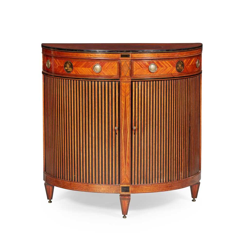 Appraisal: DUTCH NEOCLASSICAL MAHOGANY EBONISED FRUITWOOD AND INLAID DEMI-LUNE SIDE CABINET