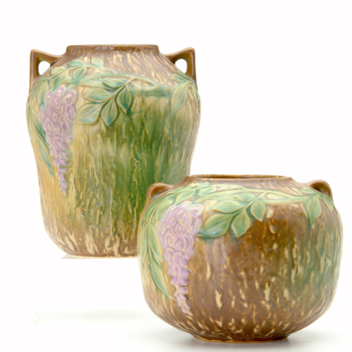 Appraisal: ROSEVILLE Two brown Wisteria vases one gourd-shaped the other squat