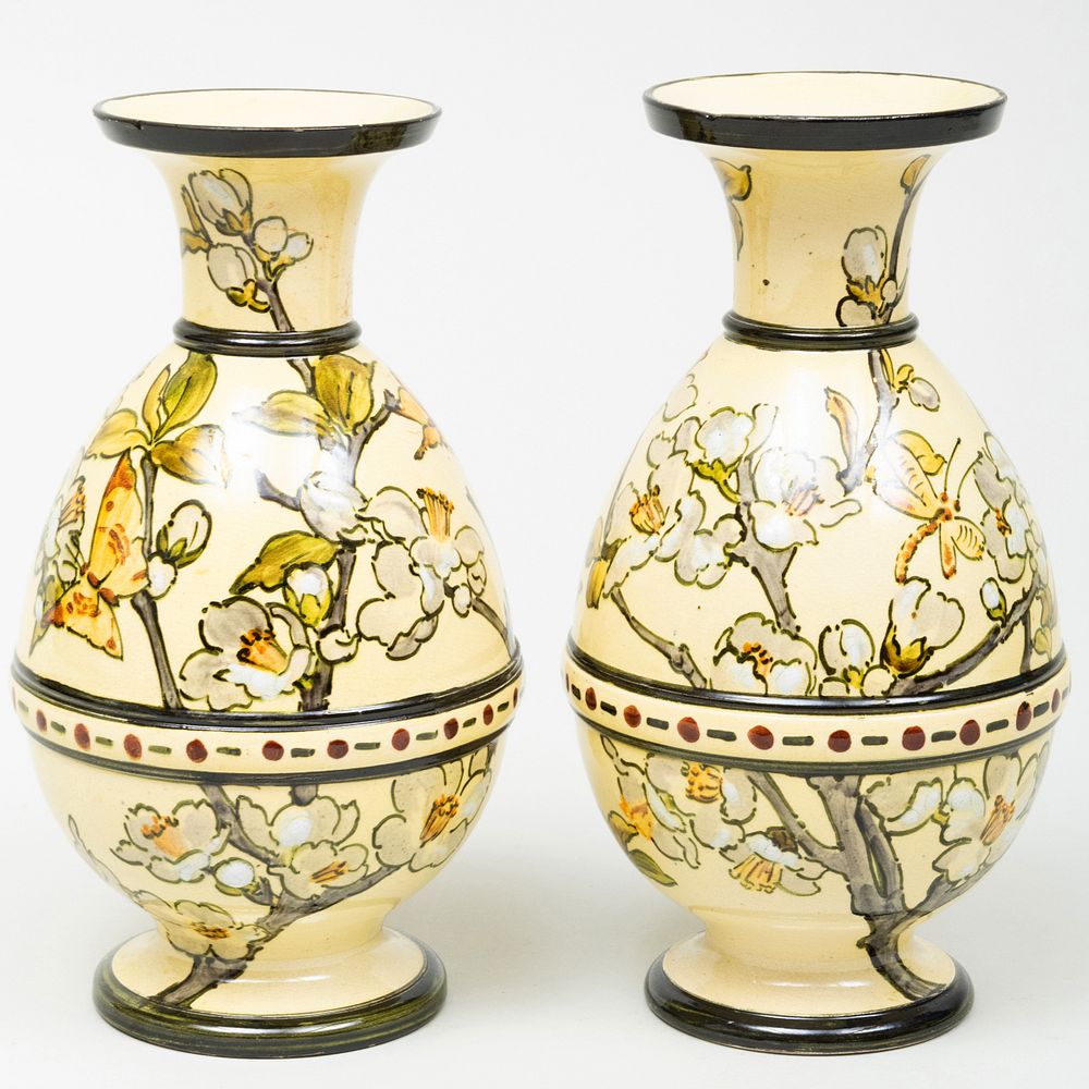 Appraisal: Pair of Doulton Lambeth Faience Vases with Butterfly and Cherry