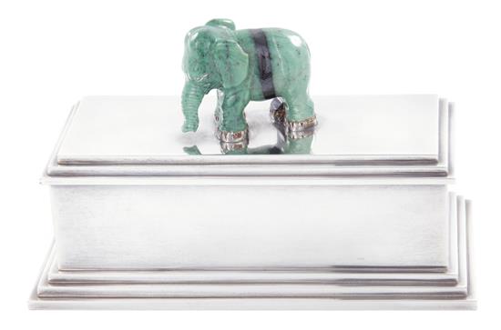 Appraisal: Sterling and jade box carved stone elephant atop casket-form hinged