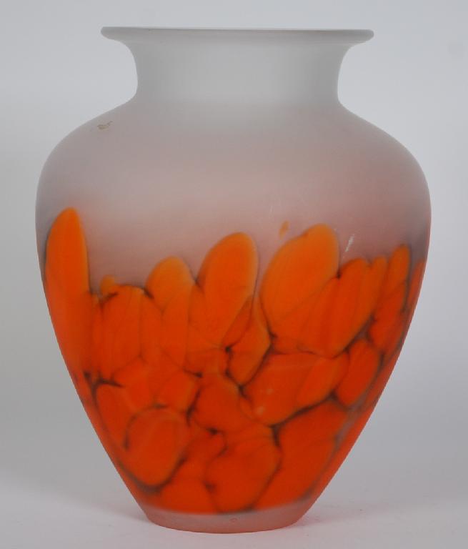 Appraisal: LARGE MODERN FROSTED AND ORANGE GLASS VASE ovoid with waisted