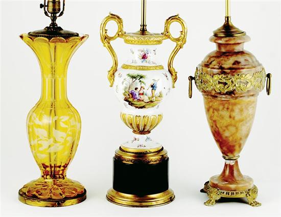 Appraisal: Continental marble glass and porcelain lamps French ormolu-mounted marble urn-form