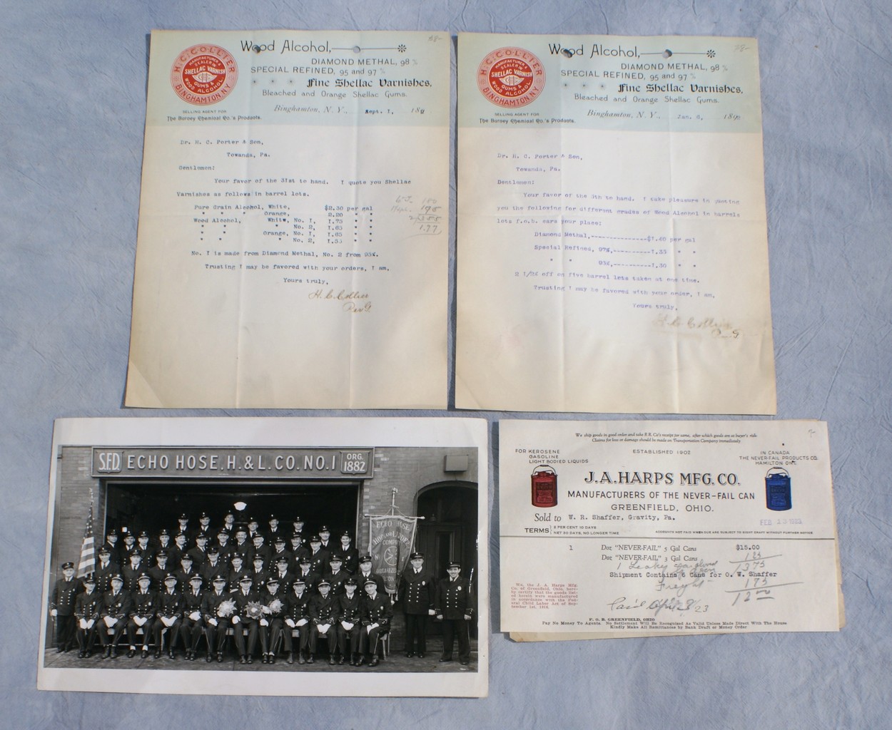 Appraisal: Heavy Industry and Firefighting letterhead billheads and a few photographs