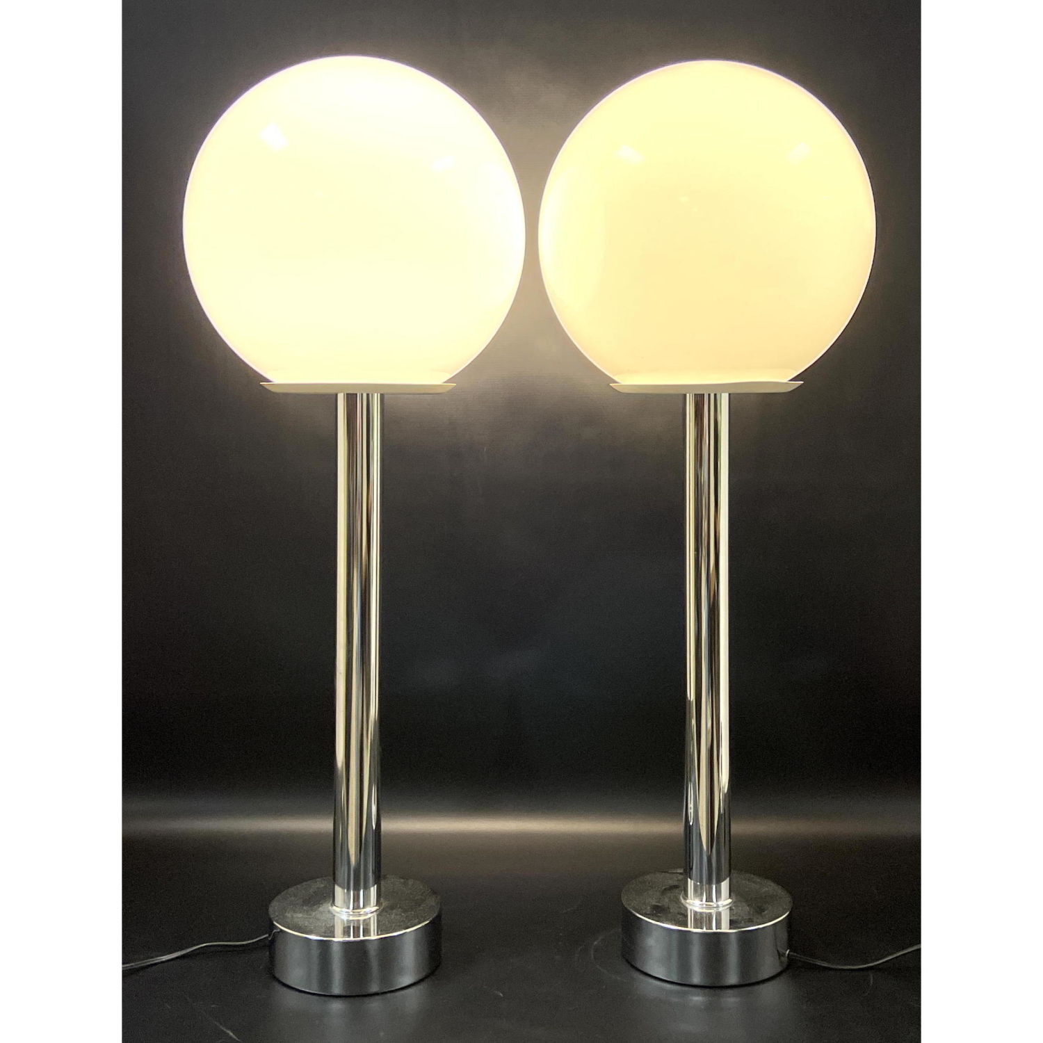 Appraisal: Pr Chrome Stem Mid Century Modern Table Lamps Ball Shades