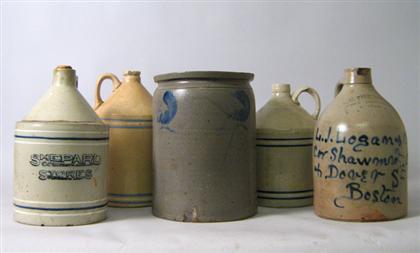 Appraisal: Five Cobalt-decorated stoneware items Comprised of four single handled jugs