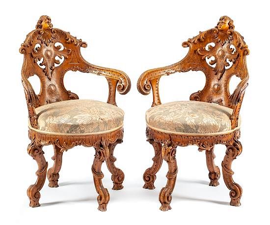 Appraisal: A Pair of Venetian Carved Armchairs Height inches A Pair