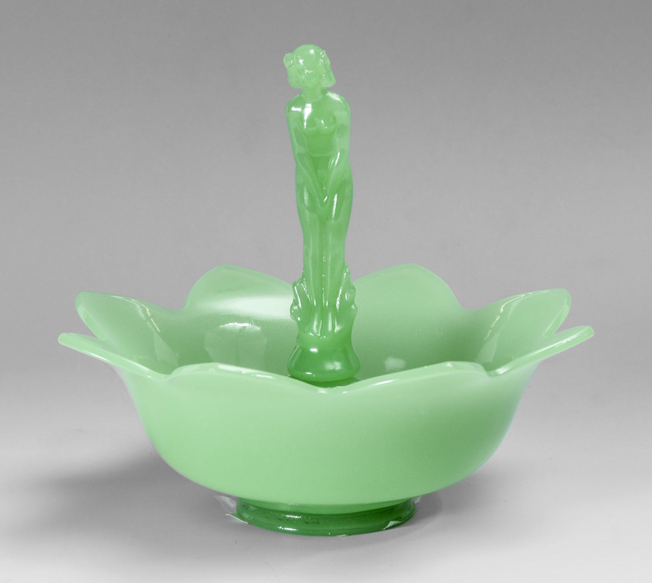 Appraisal: FENTON NUDE FIGURAL FLOWER FROG AND BOWL Jadeite green ''September