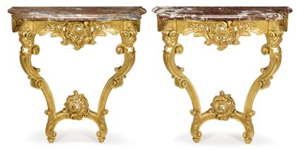 Appraisal: Pair of Louis XV style marble top giltwood consolesEach with