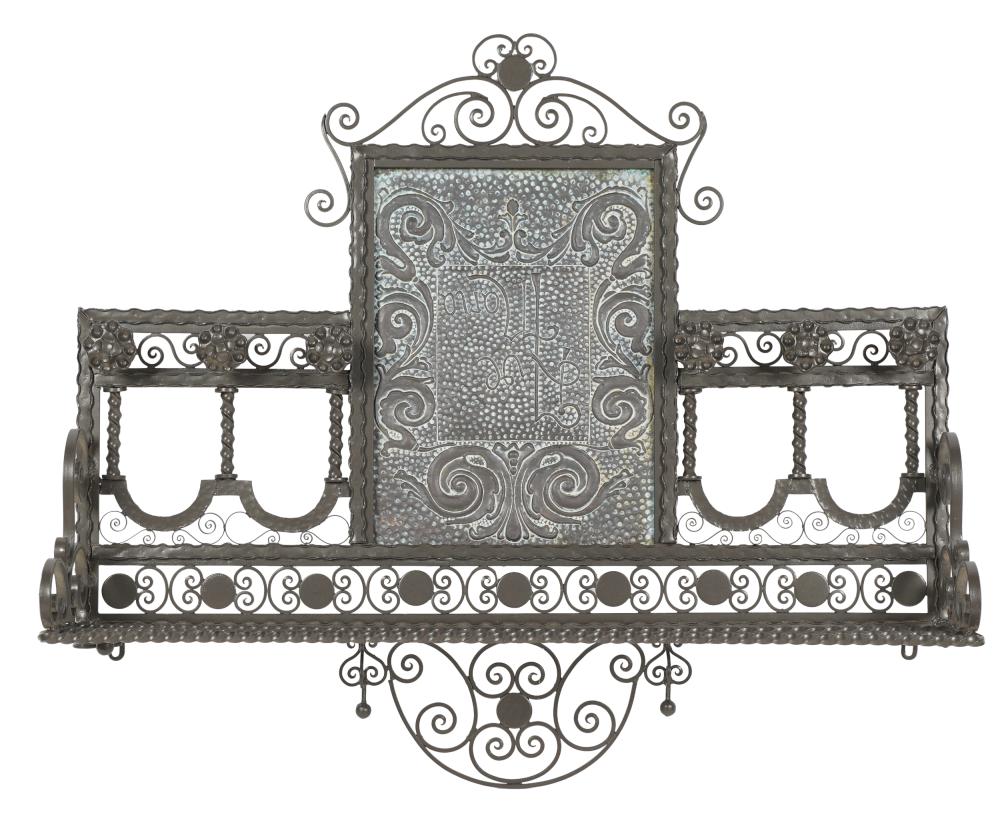 Appraisal: IRON AND METAL HANGING COAT RACKthe foliate frame with hammered