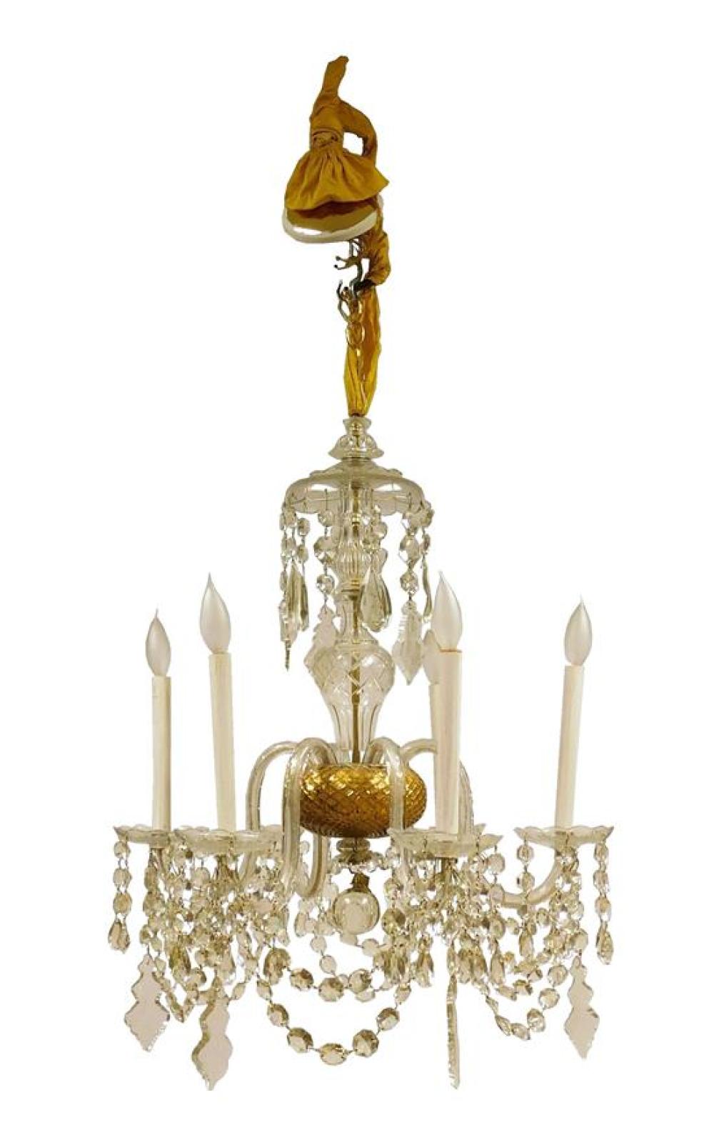 Appraisal: Cut-glass chandelier brass hardware octagonal and shaped tear drop pennants