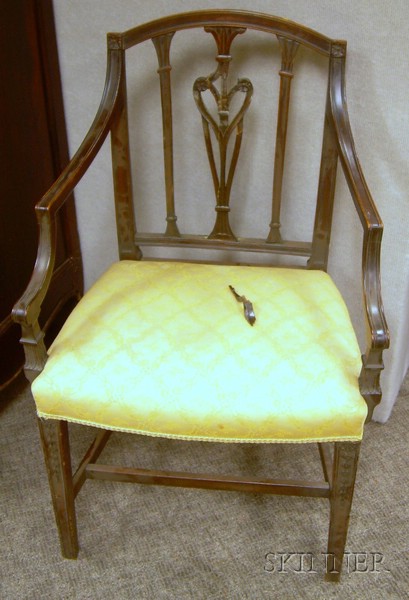 Appraisal: Hepplewhite Upholstered Carved Mahogany Armchair damage