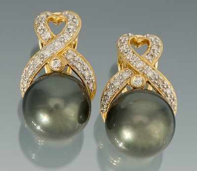 Appraisal: A Pair of Tahitian Pearl and Diamond Earrings k yellow