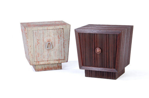 Appraisal: JAMES MONT Two painted trapezoidal single-door nightstands Originally built for