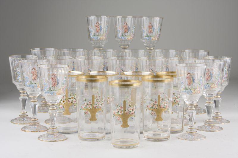 Appraisal: att Lobmeyer Enameled Glass Stemware ca colorless glass hand-decorated with