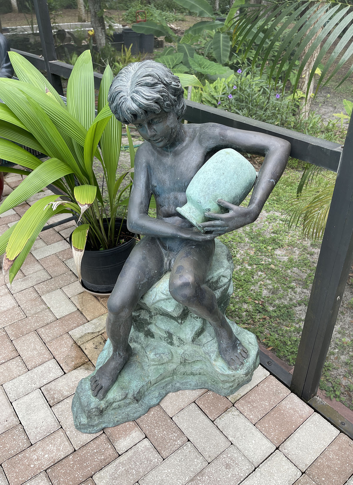 Appraisal: NEARLY LIFESIZE PATINATED BRONZE FOUNTAIN Depicting a Boy with Water