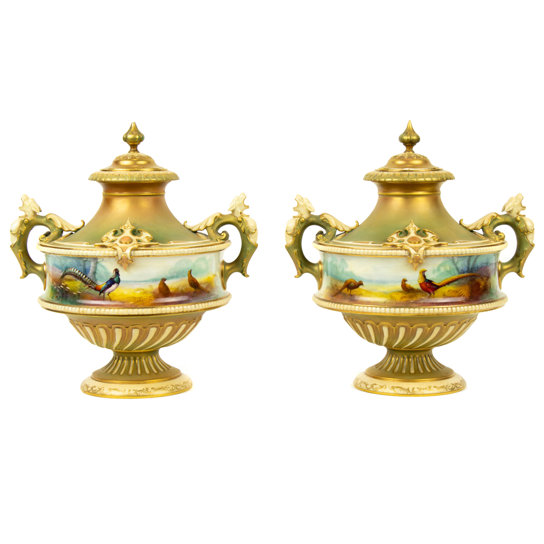 Appraisal: A PAIR OF ROYAL WORCESTER PORCELAIN COVERED URNS PAINTED BY