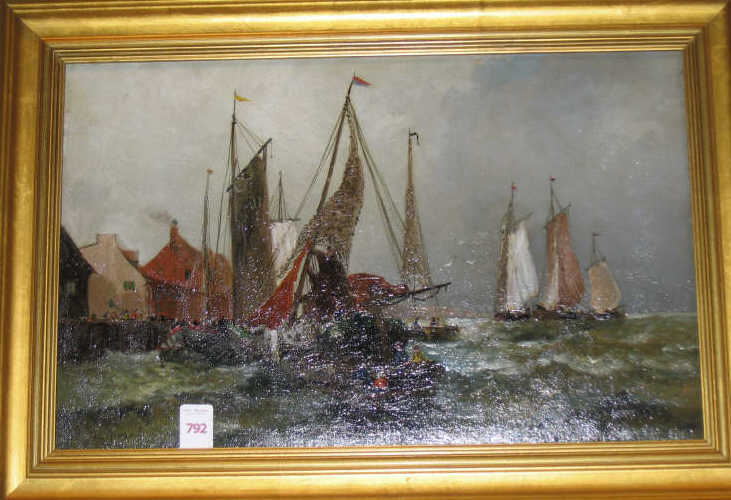 Appraisal: E GIRARD TH CENTURY Fishing boats in harbor oil on