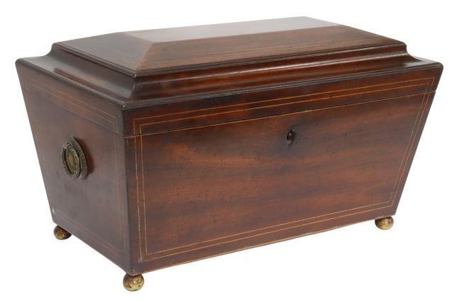 Appraisal: English Regency period mahogany tea caddy early th c sarcophagus-form