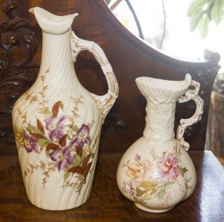 Appraisal: Porcelain Pitchers Paint Decorated The Larger Piece Royal Rudolstadt the