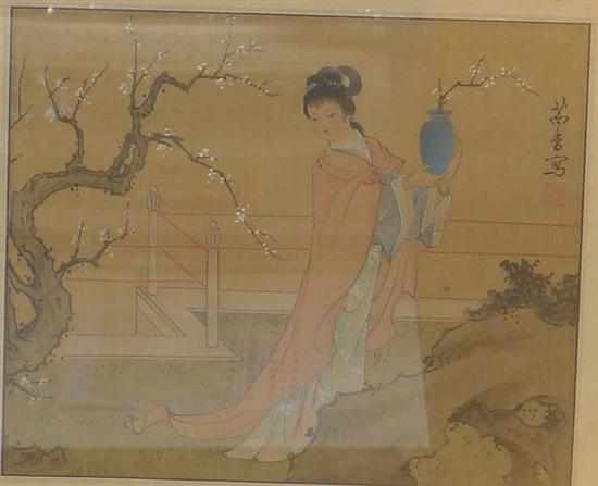 Appraisal: JAPANESE SCHOOL WOMAN WITH CHERRY BLOSSOMS WATERCOLOUR ON SILK