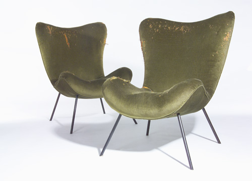 Appraisal: FRENCH Pair of armless lounge chairs with moss green velvet