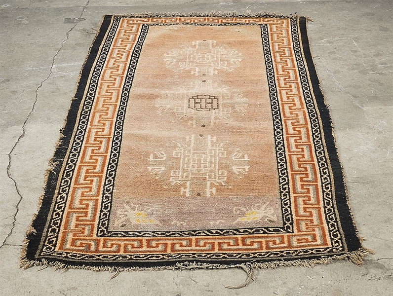 Appraisal: Chinese hand woven rug key pattern border with flower type