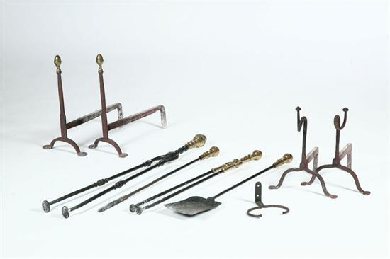 Appraisal: FIREPLACE TOOLS AND ANDIRONS Nineteenth century iron and brass Two