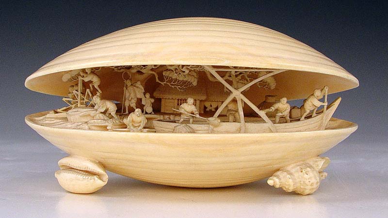 Appraisal: SIGNED CHINESE CARVED IVORY CLAM SHELL WITH INTERIOR SCENE Detailed