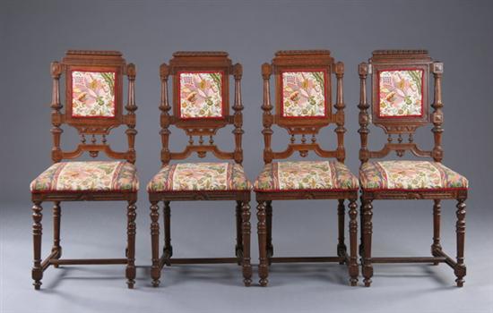 Appraisal: FOUR RENAISSANCE REVIVAL SIDE CHAIRS th century fruitwood Foliate-carved crest