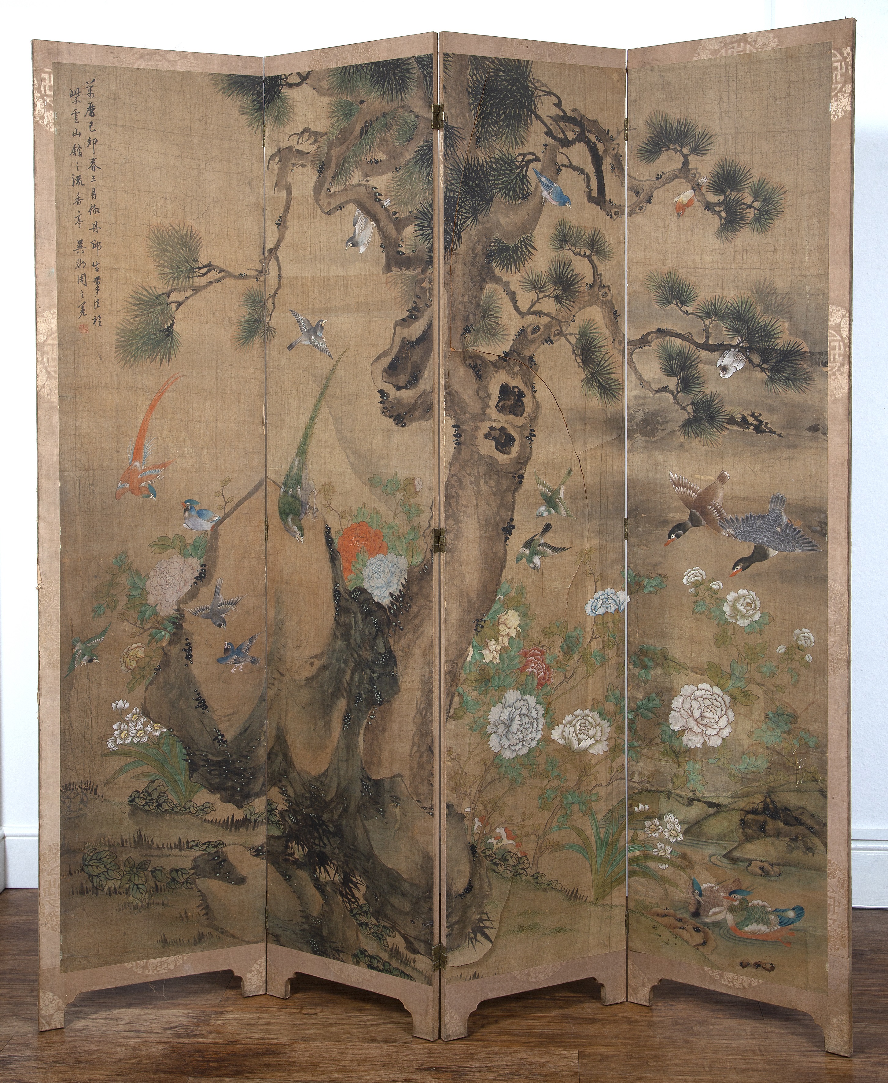 Appraisal: Large four fold screen Chinese th Century depicting a variety