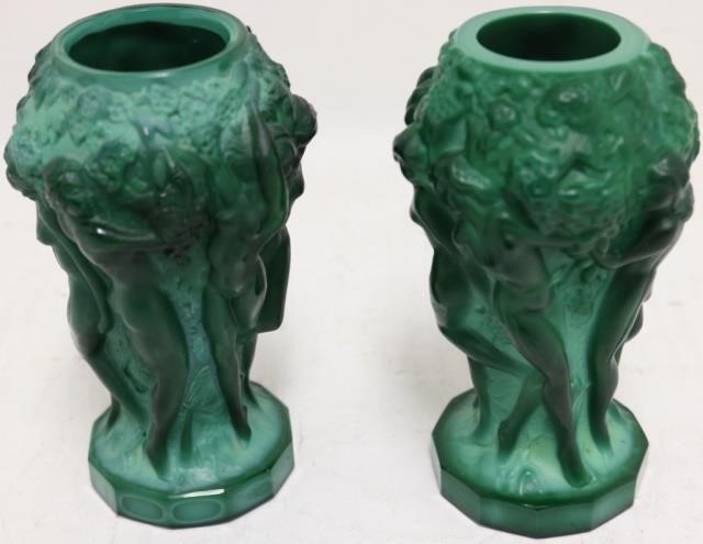 Appraisal: PAIR OF EARLY TH C MALACHITE GLASS VASES ATTRIBUTED TO