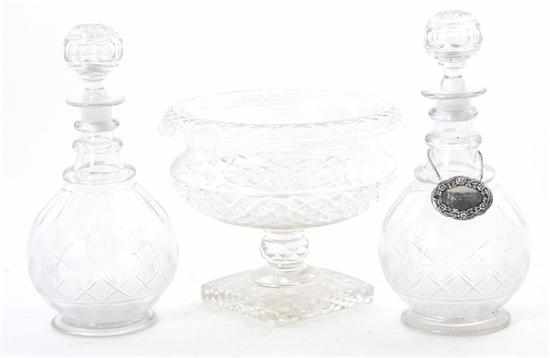 Appraisal: Irish and English crystal centerbowl and decanters th century pair