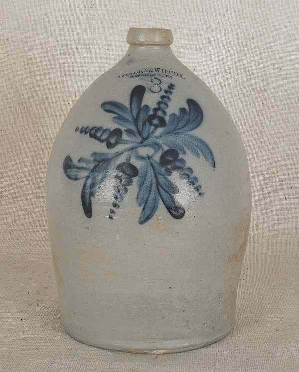 Appraisal: Three-gallon stoneware jug th c impressed Cowden Wilcox Harrisburg Pennsylvania