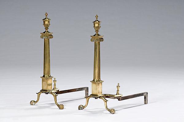 Appraisal: CLASSICAL-REVIVAL BRASS FIREPLACE ANDIRONS th century Ionic columnar shafts with