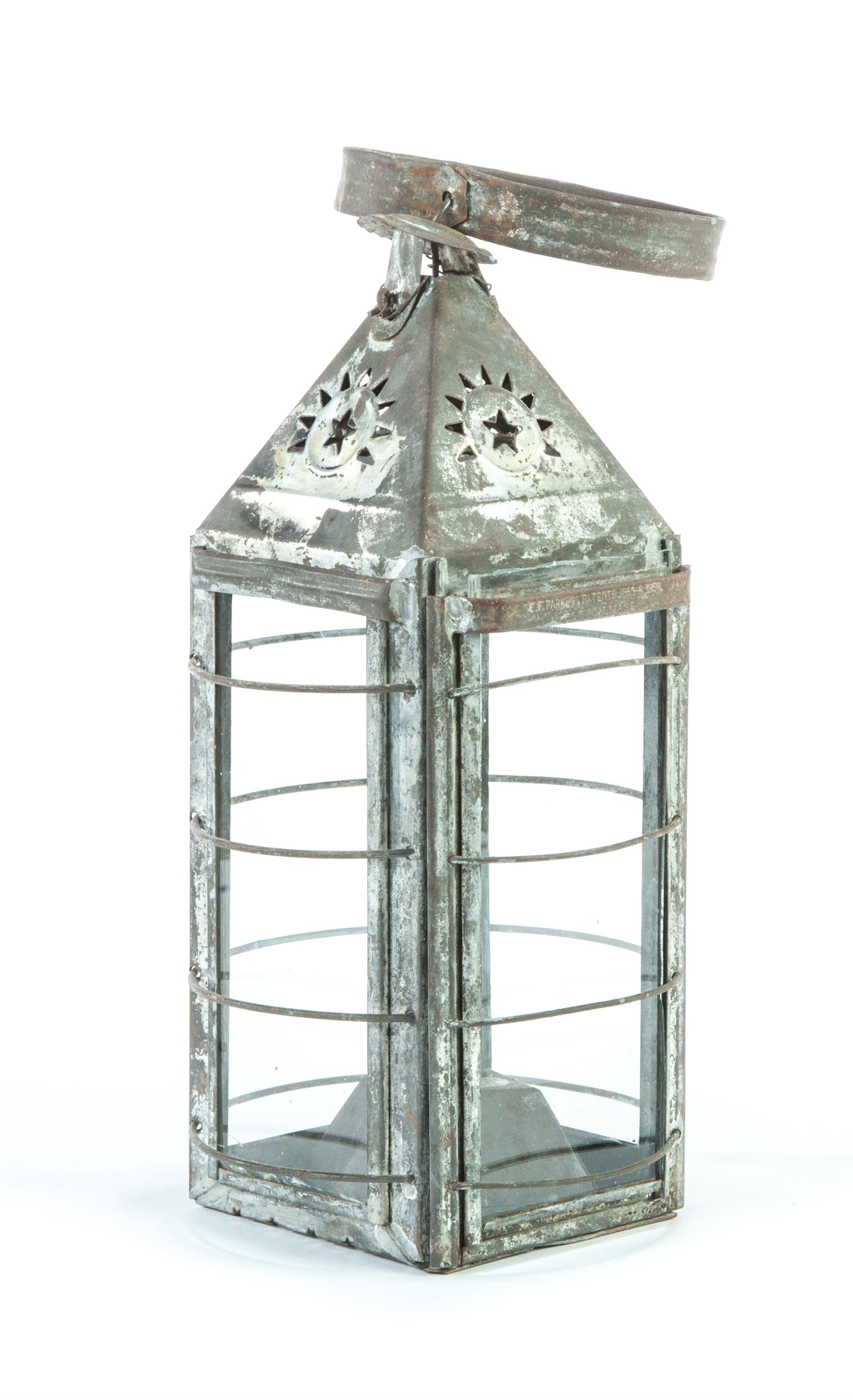 Appraisal: AMERICAN TIN LANTERN Mid th century Glass panes with wire