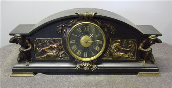 Appraisal: th century bronze and polished slate mantel clock ends with