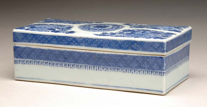 Appraisal: BLUE AND WHITE FITZHUGH COVERED BOX Rectangular box has a