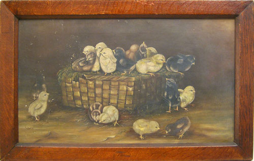 Appraisal: American oil on canvas of chicks in a basket x