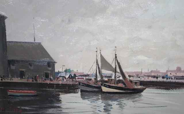 Appraisal: ROY PETLEY b Harbour scene with grey sky signed oils