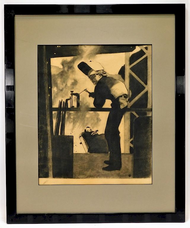 Appraisal: Steel Mill Worker Charcoal Drawing Steel Mill Worker Charcoal Drawing