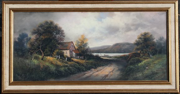 Appraisal: CHANDLER American th C Pastel lakeside landscape with cottage along